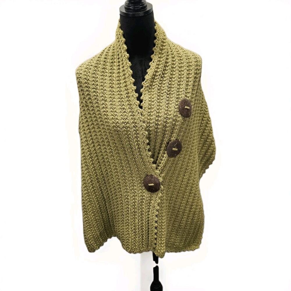 Pure Handknit Sweater Green Button Shawl Scarf Multi Use One Size Cottage Core